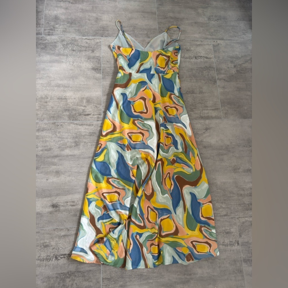 FLORET STUDIOS Printed Tie Front Satin Maxi Dress in Yellow Multi Swirl Size S - Picture 5 of 15
